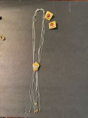 Gold-Tone and Red Pendant Multi-Strand Necklace & Earrings